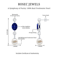 Lab Created Blue Sapphire and Freshwater Pearl Dangle Earrings with Moissanite