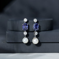 Lab Created Blue Sapphire and Freshwater Pearl Dangle Earrings with Moissanite
