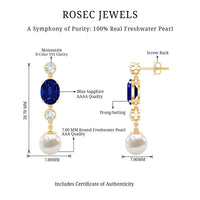 Lab Created Blue Sapphire and Freshwater Pearl Dangle Earrings with Moissanite