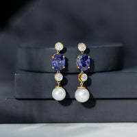 Lab Created Blue Sapphire and Freshwater Pearl Dangle Earrings with Moissanite