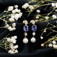 Lab Created Blue Sapphire and Freshwater Pearl Dangle Earrings with Moissanite