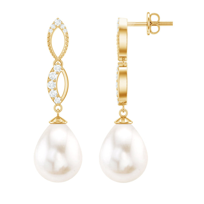 Genuine freshwater pearl and diamond infinity drop earrings by Rosec Jewels, featuring elegant pearl and sparkling diamond accents.