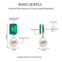 Certified Emerald Cut Lab Grown Emerald and Pearl Drop Earrings