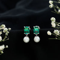 Certified Emerald Cut Lab Grown Emerald and Pearl Drop Earrings
