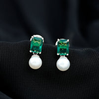 Certified Emerald Cut Lab Grown Emerald and Pearl Drop Earrings