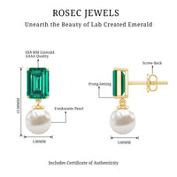 Certified Emerald Cut Lab Grown Emerald and Pearl Drop Earrings
