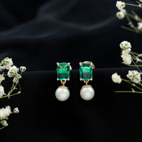 Certified Emerald Cut Lab Grown Emerald and Pearl Drop Earrings
