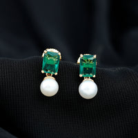Certified Emerald Cut Lab Grown Emerald and Pearl Drop Earrings