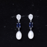 Teardrop Shape Freshwater Pearl Dangle Earrings with Lab Sapphire