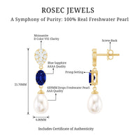 Teardrop Shape Freshwater Pearl Dangle Earrings with Lab Sapphire