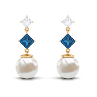 16.5 CT Freshwater Pearl and London Blue Topaz Dangle Drop Earrings with Moissanite