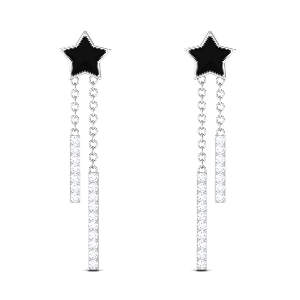 Moissanite Chain Star Dangle Earrings with Black Enamel