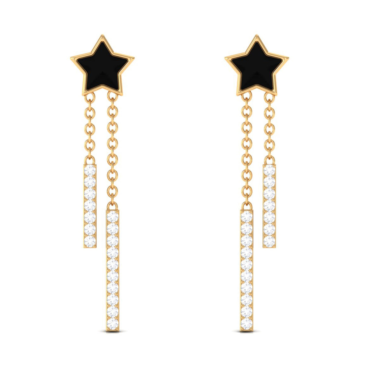 Moissanite Chain Star Dangle Earrings with Black Enamel
