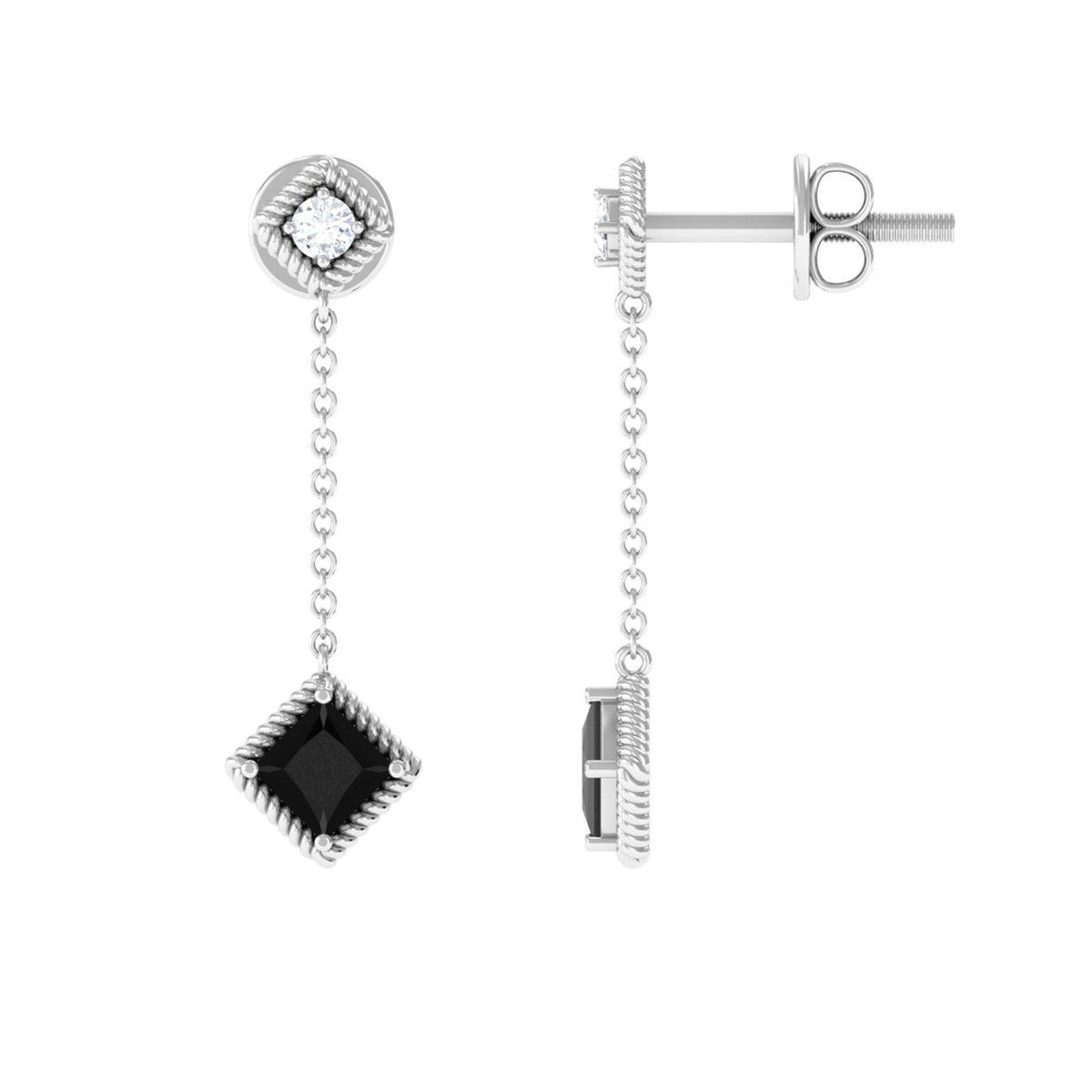Natural Black Onyx Diamond Chain Dangle Earrings