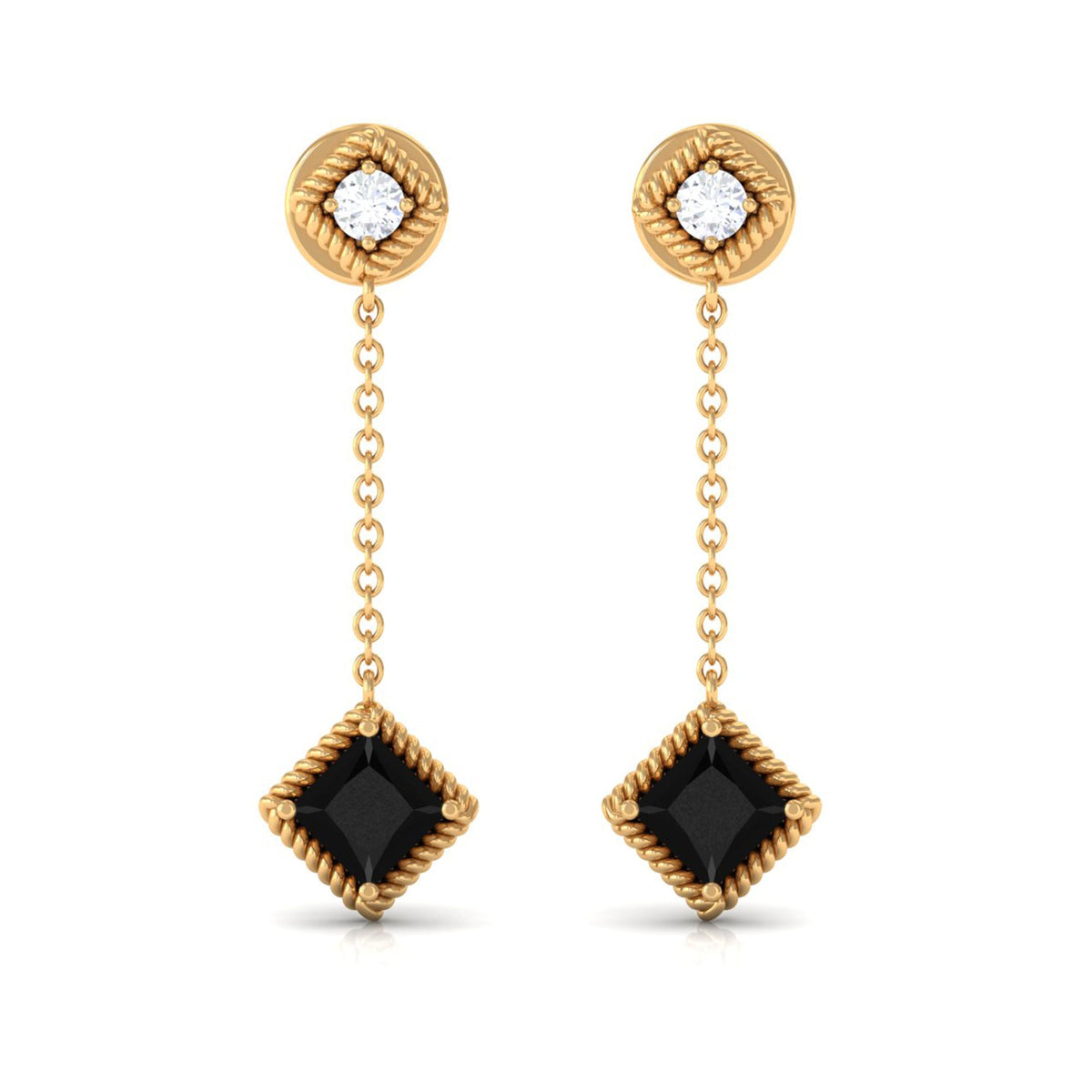Natural Black Onyx Diamond Chain Dangle Earrings