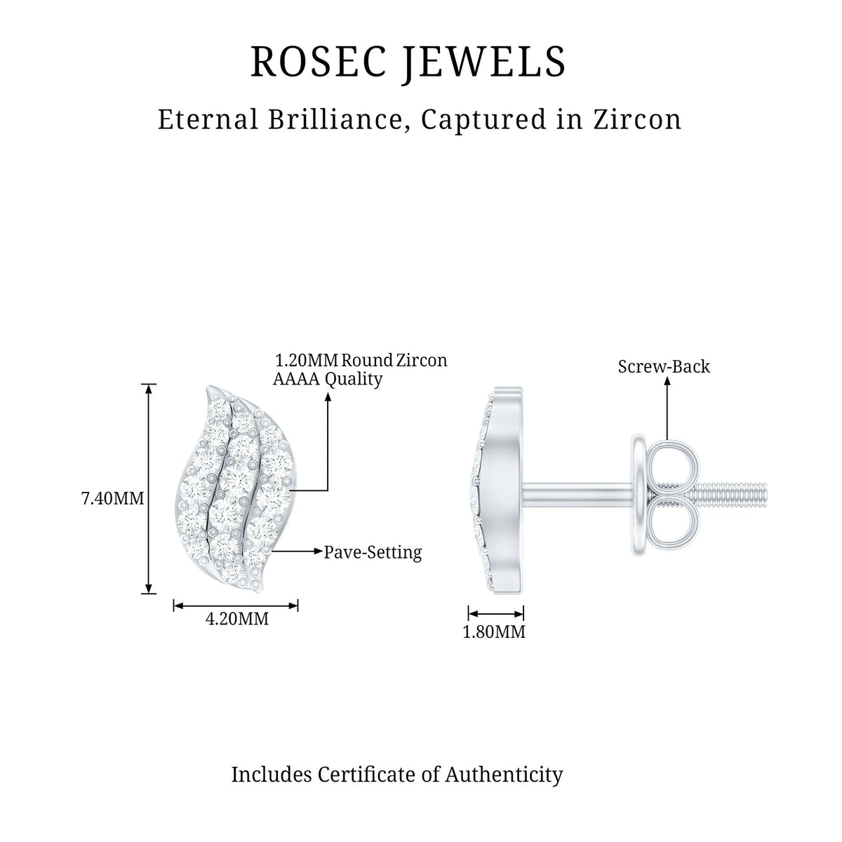 Cubic Zirconia Leaf Stud Earrings in Pave Setting