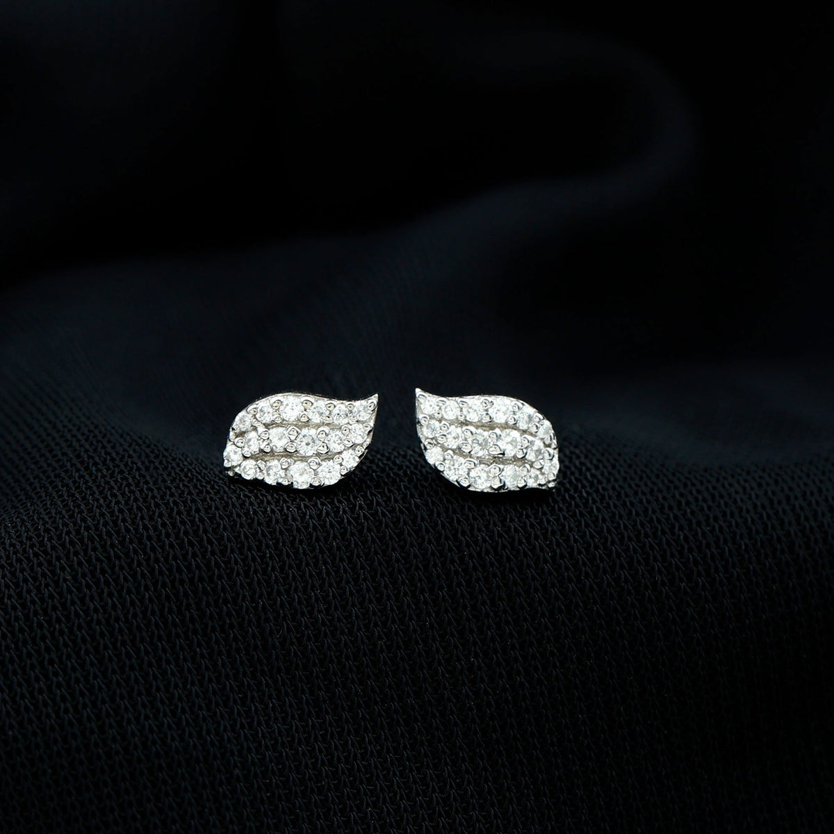Cubic Zirconia Leaf Stud Earrings in Pave Setting