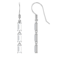 Certified Baguette Moissanite 3 Stone Dangle Earrings with Fish Hook