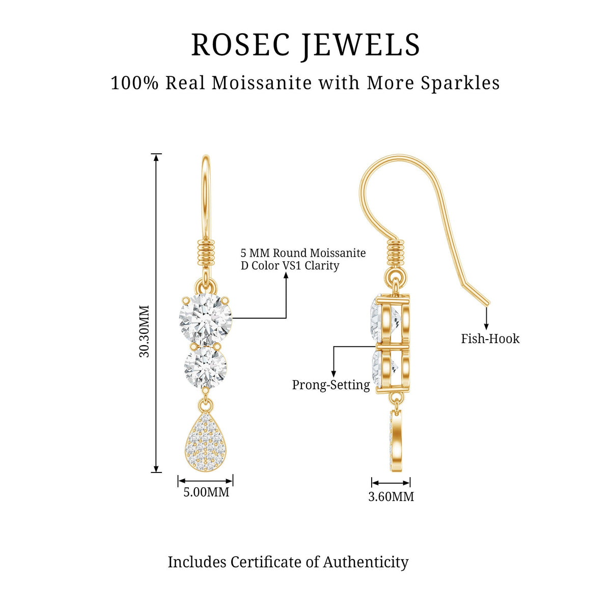 1.75 CT Moissanite Minimal Dangle Earrings in Gold