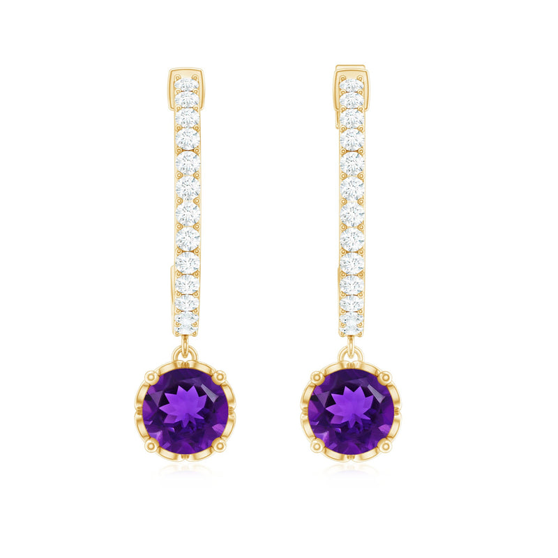 Natural amethyst hoop earrings with diamond accents, drop style, by Rosec Jewels, featuring vibrant purple stones and elegant design.