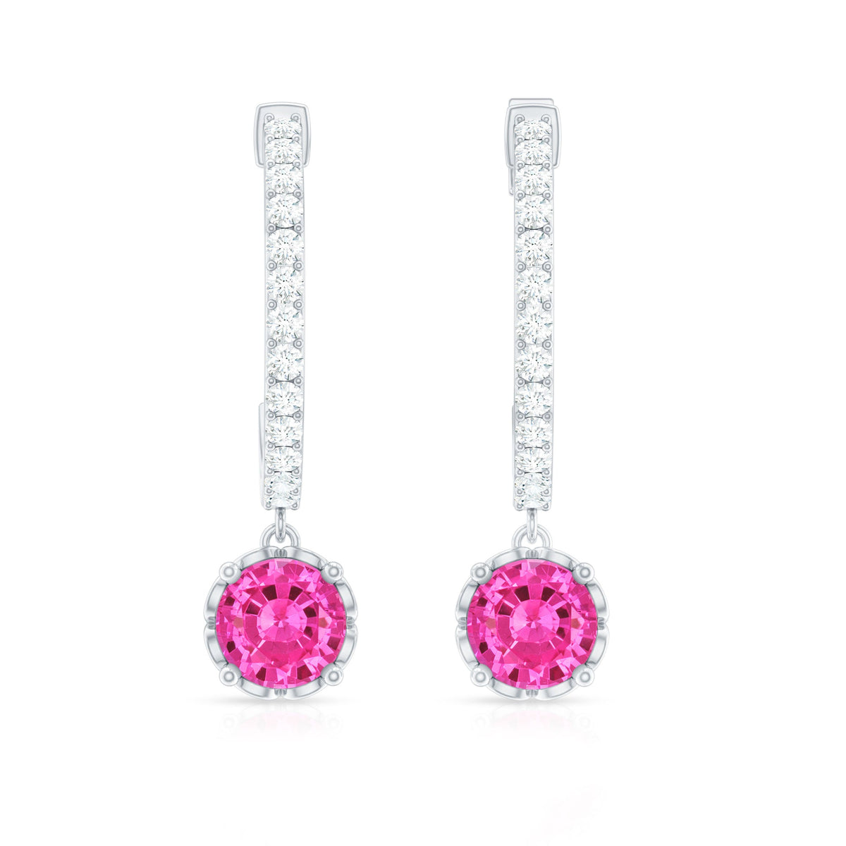 Lab Created Pink Sapphire and Diamond Hoop Drop Earrings
