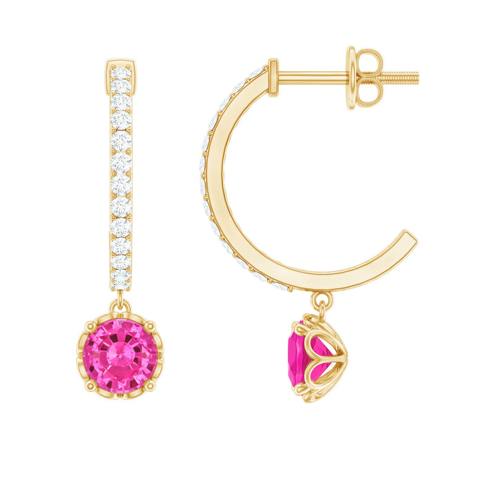 Lab-created pink sapphire and diamond hoop drop earrings by Rosec Jewels, featuring sparkling gemstones and elegant design