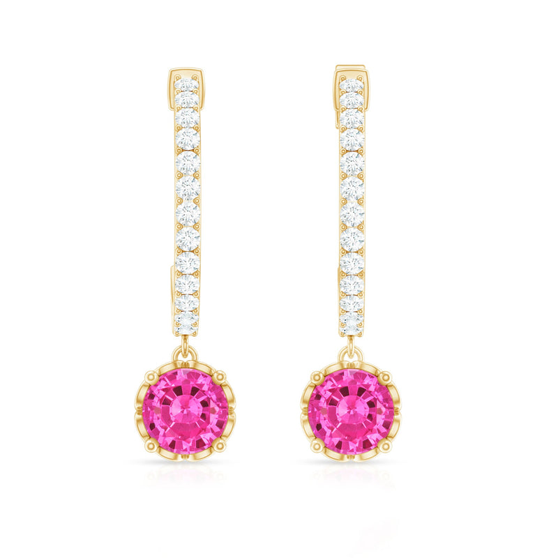 Lab-created pink sapphire and diamond hoop drop earrings by Rosec Jewels featuring sparkling gemstones and elegant hoop design.