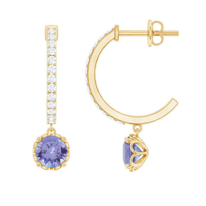 Natural 1 Carat Tanzanite drop hoop earrings with diamond accents by Rosec Jewels, featuring vibrant blue tanzanite stones and sparkling diamonds.
