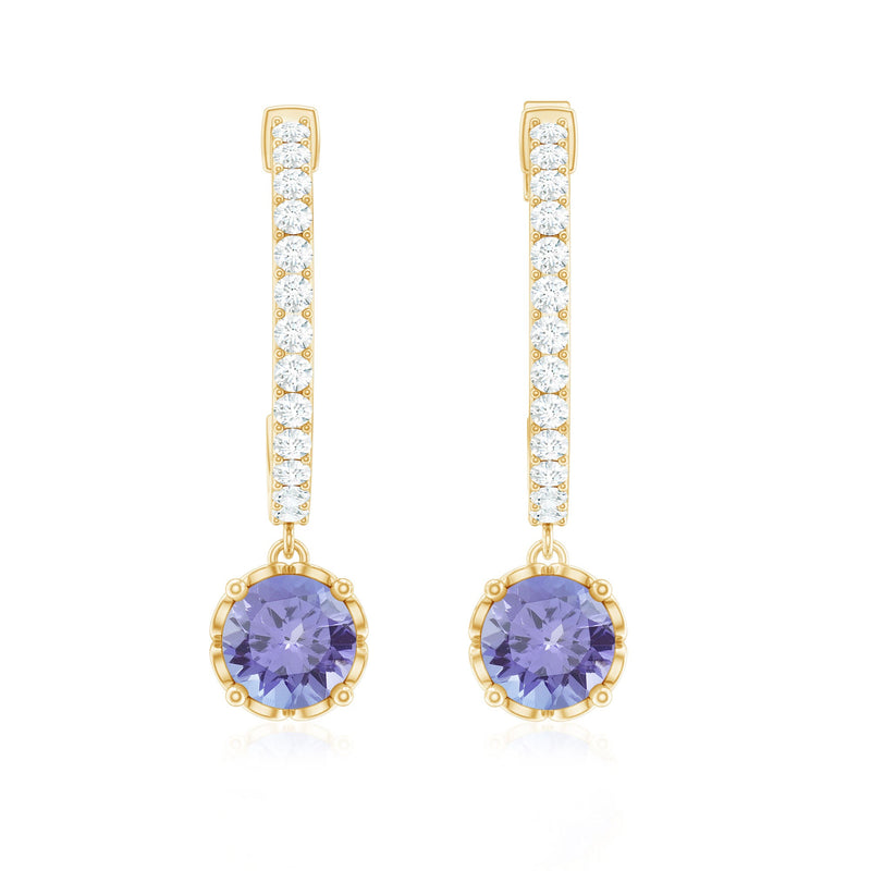 Natural 1 Carat Tanzanite drop hoop earrings with diamonds by Rosec Jewels, showcasing elegant blue gemstones and sparkling accents.
