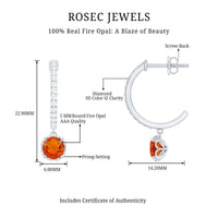 Certified Real Fire Opal Drop Hoop Earrings with Diamond
