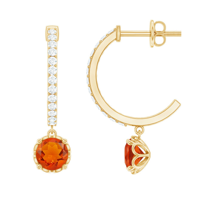 Real fire opal drop hoop earrings with diamond accents by Rosec Jewels, showcasing vibrant opal and elegant gold hoops.