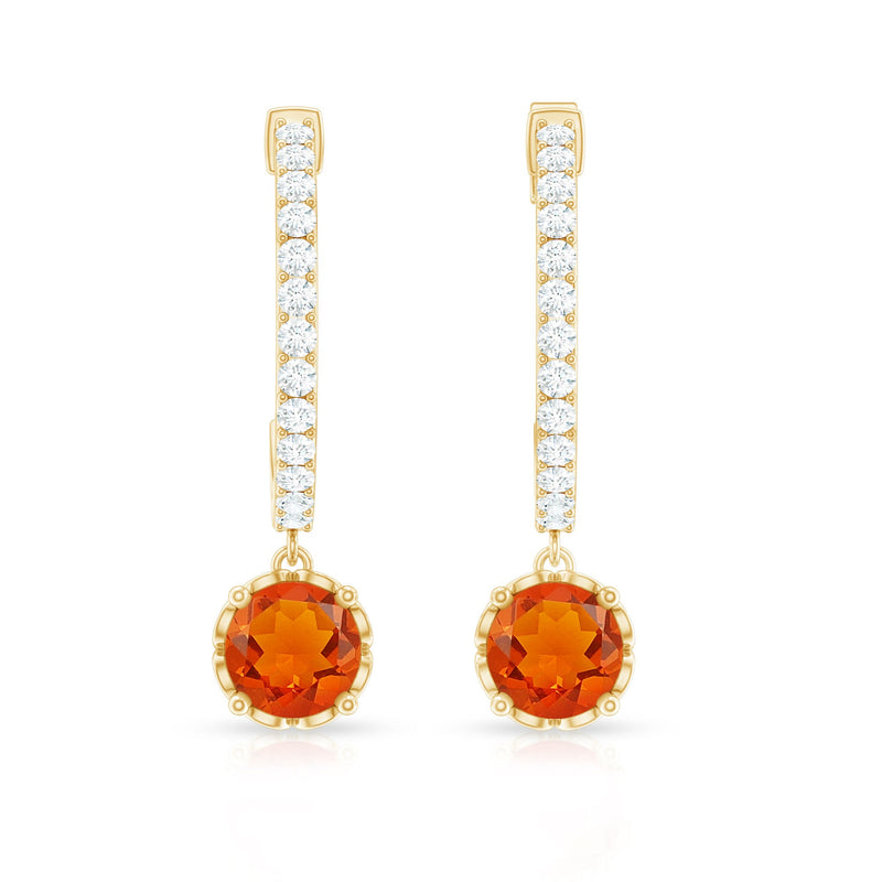 Certified real fire opal drop hoop earrings with diamonds from Rosec Jewels, featuring vibrant orange-red opals and sparkling accents.
