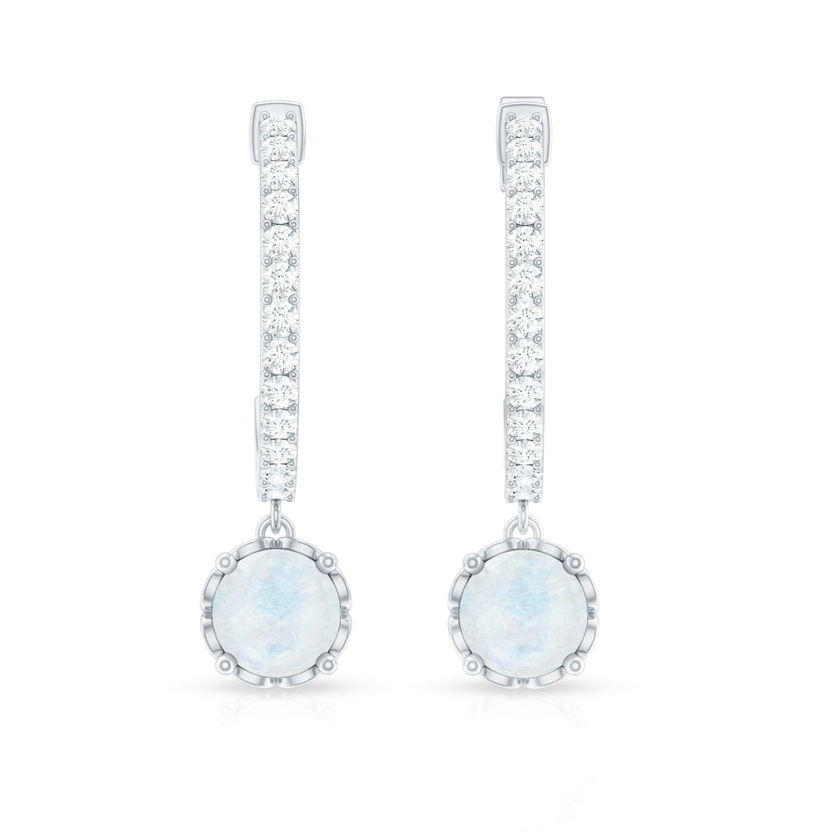 Natural Moonstone Drop Earrings with Diamond Hoop