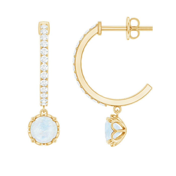 Natural moonstone drop earrings with diamond hoop from Rosec Jewels, featuring shimmering moonstone and sparkling diamond accents.