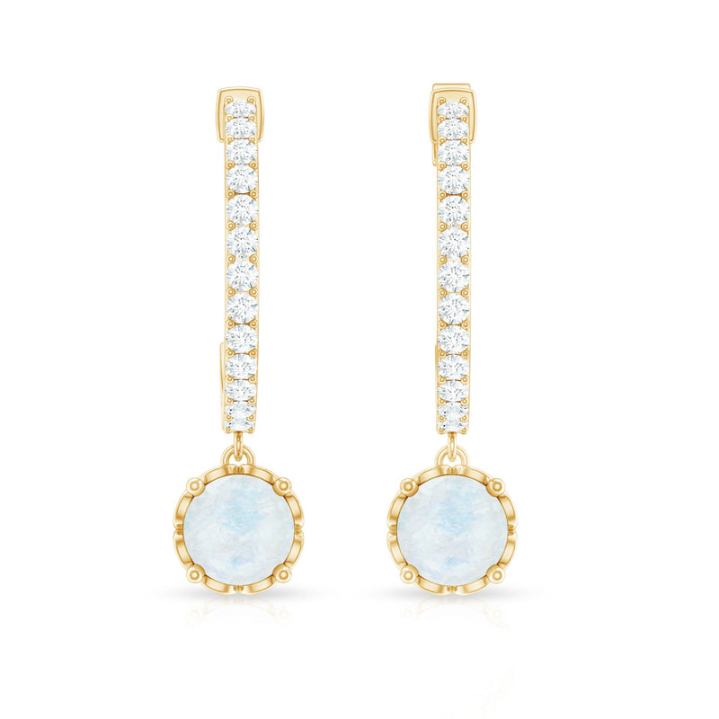 Natural moonstone drop earrings with diamond hoop from Rosec Jewels, featuring oval moonstones and sparkling diamond accents.