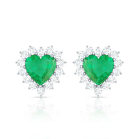 Natural Emerald Heart Stud Earrings with Diamond Halo