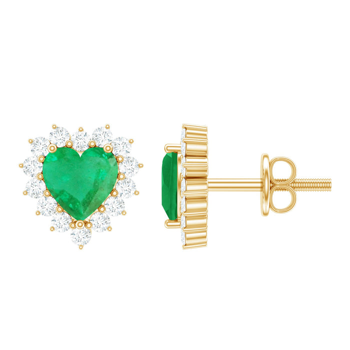 Natural emerald heart stud earrings with diamond halo by Rosec Jewels, showcasing vibrant green emeralds and sparkling diamonds.