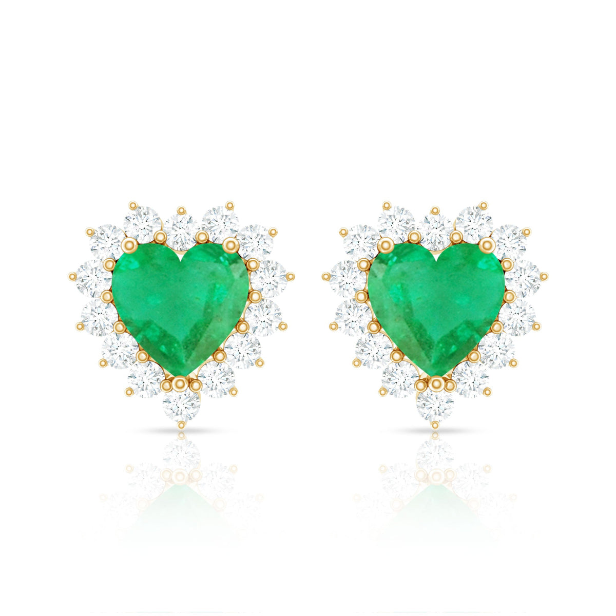 Natural Emerald Heart Stud Earrings with Diamond Halo