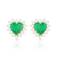 Natural Emerald Heart Stud Earrings with Diamond Halo