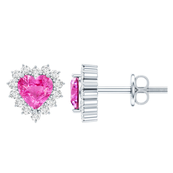 Rosec Jewels 0.6 Carat lab-grown pink sapphire heart stud earrings with diamond halo, sparkling and elegant jewelry.