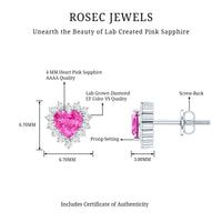 Rosec Jewels 0.6 Carat lab-grown pink sapphire heart stud earrings with diamond halo, showcasing vibrant pink sapphires and sparkling diamonds.