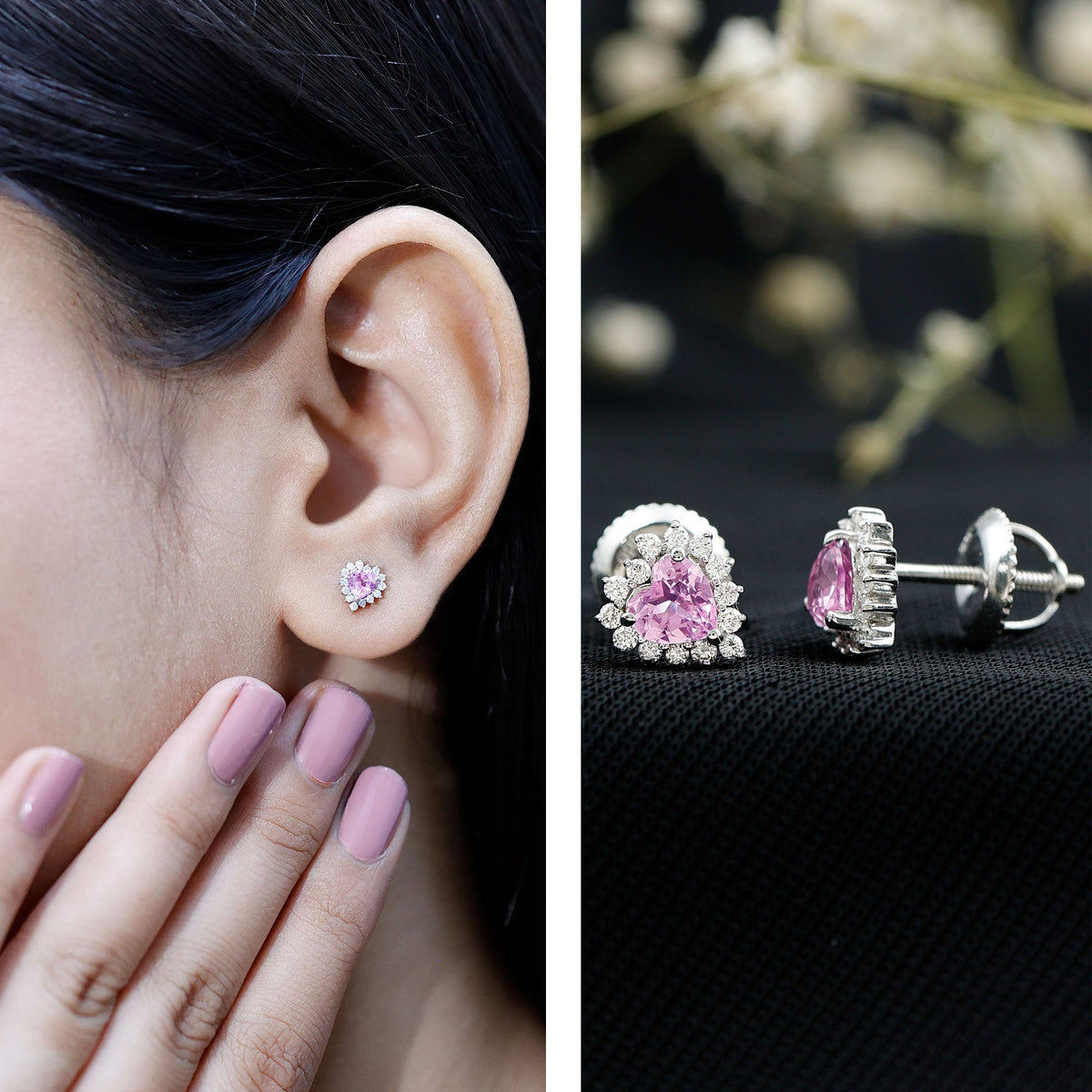 Lab grown pink sapphire heart stud earrings with diamond halo, featuring 0.6 carats, from Rosec Jewels.