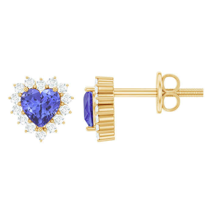Natural 2 carat tanzanite heart stud earrings with diamond halo from Rosec Jewels featuring elegant gemstone and sparkling diamond accents.