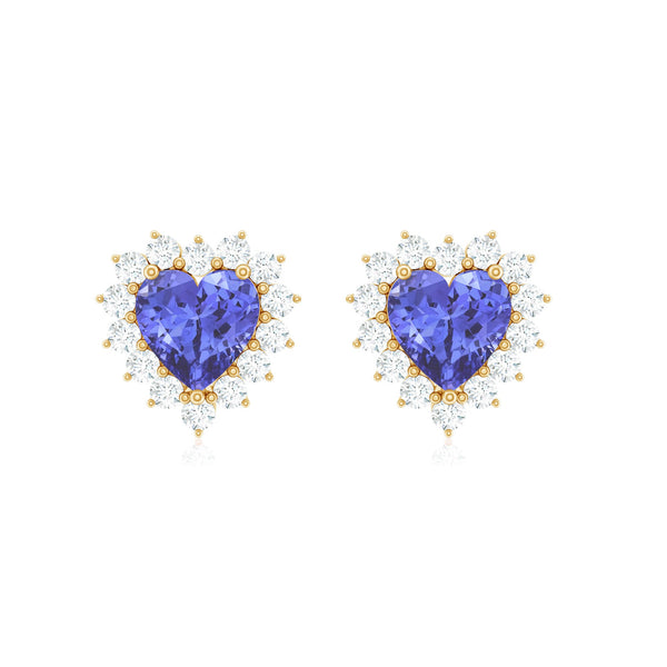 Natural 2 Carat Tanzanite heart stud earrings with diamond halo by Rosec Jewels, showcasing elegant jewelry design and sparkling gemstones.