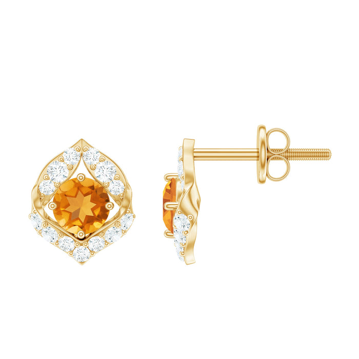 Nature-inspired Citrine Leaf Earrings with Diamond, Rosec Jewels, featuring gold-tone leaves and sparkling diamonds on elegant earrings.