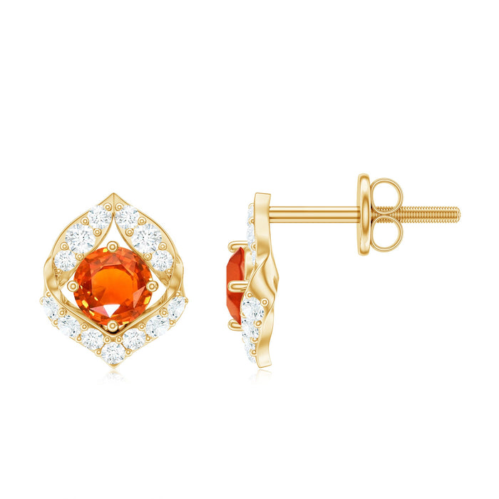 Rosec Jewels Designer Lab-Grown Orange Sapphire and Diamond Stud Earrings, showcasing vibrant orange sapphires and sparkling diamonds.