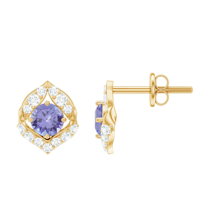 Natural 1 Carat Tanzanite stud earrings with diamonds, featuring rose gold setting, designed for women by Rosec Jewels.