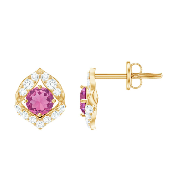 Natural pink tourmaline stud earrings with small diamonds from Rosec Jewels featuring elegant gemstone and diamond accents.