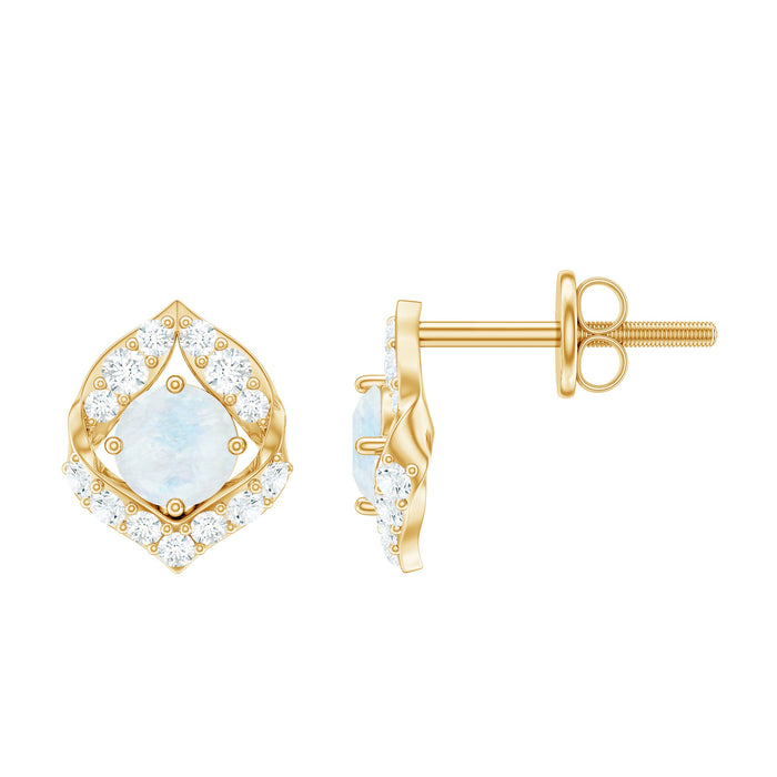 Rosec Jewels real moonstone diamond stud earrings with screw back, showcasing sparkling moonstones and elegant silver settings.