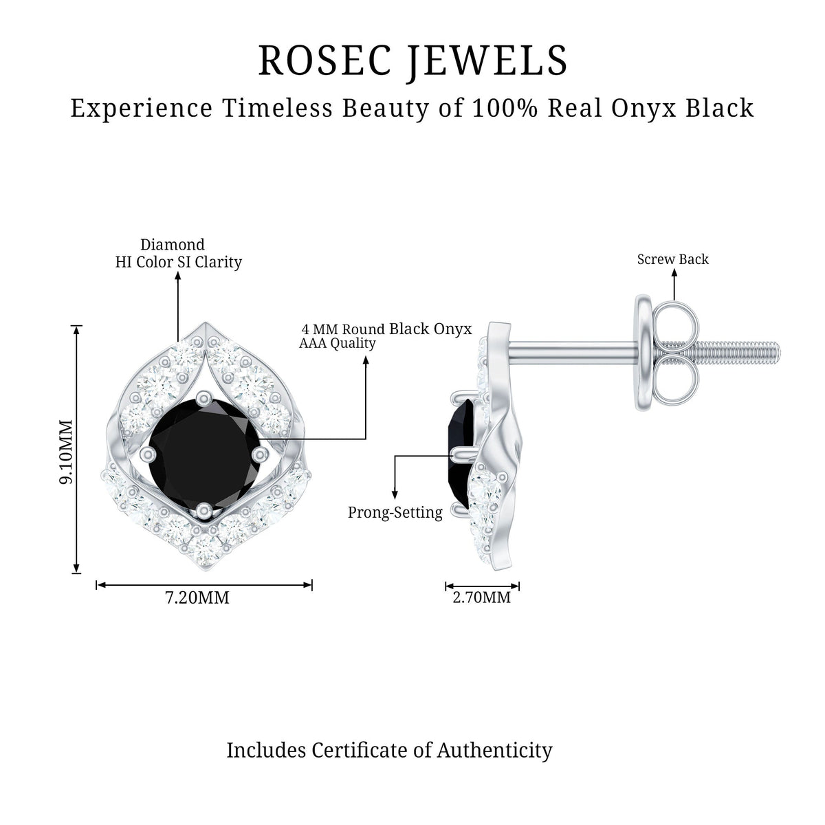 Natural Black Onyx Diamond Leaf Stud Earrings with Screw Back